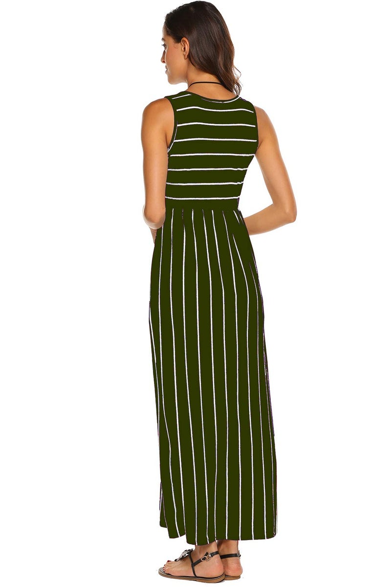 Hount Women's Summer Sleeveless Striped Maxi Dresses with Pockets Plus Size Army Green XXL - Image 4